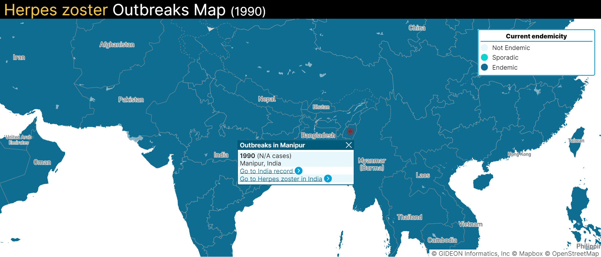 Herpes zoster Outbreaks Map from GIDEON Map 1990 - GIDEON